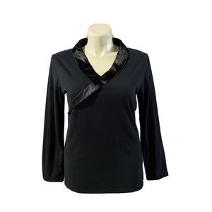 Temperley London L Top Basic Black Tee Shirt Long Sl Satin Collar V Neck FIRST